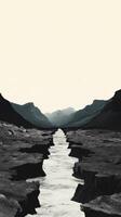 Monochrome Mountain River Landscape A Serene Journey Through a Majestic Valley. Discover the tranquil beauty and dramatic power of nature in this breathtaking landscape photograph. photo