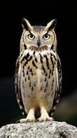 Majestic Owl A Portrait of a Wild Bird of Prey in its Natural Habitat. This stunning image captures the intricate details of its feathers and piercing gaze. photo
