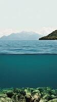 Stunning Seascape Crystal clear ocean meeting a majestic mountain backdrop. An idyllic summer's day, serene and tranquil, capturing the beauty of nature's underwater world and above. photo