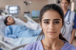 Portrait of a Confident Female Nurse in a Hospital Setting. Providing Compassionate Care and Medical Expertise to Patients. A Symbol of Healthcare and Healing. photo