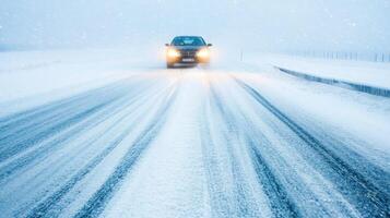 Driving in a Snow Blizzard A Scenic Winter Road Trip. Experience the thrill and beauty of winter driving, navigating snowy roads and breathtaking landscapes. A journey through a winter wonderland. photo