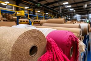 Vibrant Textile Rolls in a Busy Manufacturing Factory A Glimpse into the Production Process of High Quality Fabrics and Yarns photo