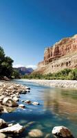 Majestic Canyon River Landscape Serenity and Adventure Await in this Breathtaking Nature Scene. Explore the Untamed Beauty of the Wild, a Picturesque View for Travel and Adventure. photo