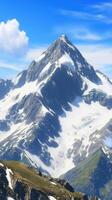 Majestic snow capped mountain peak under a vibrant blue sky. Breathtaking alpine landscape with stunning scenery, perfect for adventure and exploration. Discover the serene beauty of nature. photo
