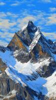 Majestic snow capped mountain peak under a vibrant blue sky. A breathtaking winter landscape, perfect for travel and adventure photography. Explore the serene beauty of nature's wonders. photo