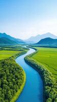 Serene River Landscape Breathtaking View of a Winding River Flowing Through Lush Green Fields and Majestic Mountains. A Perfect Summer Vacation Destination Image photo