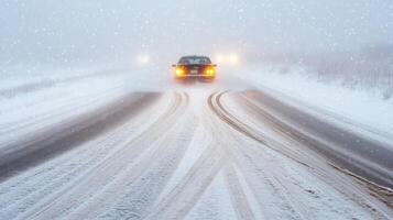 Driving in a Snowstorm A Winter Journey on a Snowy Road. The car's headlights cut through the falling snow, creating a dramatic scene of winter travel and adventure. photo