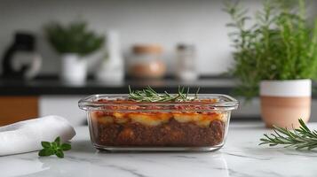 Hearty Baked Dish in a Glass Container A Flavorful Home Cooked Meal photo