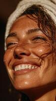 Radiant Woman's Happy Face, Glowing Skin, and Joyful Expression, Perfect for a Health and Wellness Brand photo
