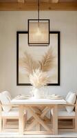 A Stunning Dining Room Design Featuring a Modern Wooden Table, Comfortable Chairs, and a Beautiful Pendant Light photo