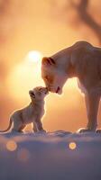 A Majestic Lioness and Her Cub Embrace the Golden Hour. A heartwarming moment of love and protection in the African wilderness. photo