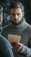 A Moment of Reflection A Man Reads a Letter with Deep Concern photo