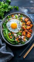 Scrumptious Asian Inspired Rice Bowl with Fried Egg and Pork photo