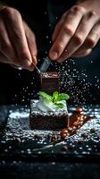 Decadent Chocolate Brownie Dessert with Mint and Whipped Cream, Exquisitely Plated photo