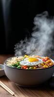 Aromatic and Flavorful Asian Noodle Dish with Steaming Egg, Perfect for a Delicious Meal photo