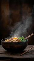 Aromatic and Delicious Noodles Dish with Steaming Smoke and Aromatic Spices photo
