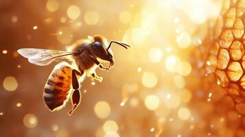 Golden Honeybee in Flight A Stunning Macro Shot of a Busy Pollinator photo
