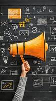 Hand Holding Megaphone with Business Ideas on Chalkboard Inspiring Strategy and Growth photo
