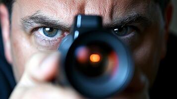 of a Man Aiming a Modern Weapon with Precision and Focus photo