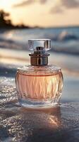 Exquisite Sunset Perfume Bottle on the Beach A Captivating Display of Luxury and Elegance photo