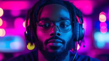 Portrait of a Stylish Gamer in Vibrant Neon Lighting photo