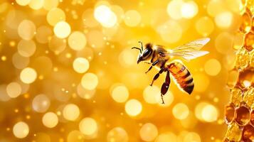 Golden Honeybee in Flight, A Stunning Macro Photography of a Busy Pollinator photo
