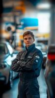 Confident Young Mechanic in a Modern Workshop A Skilled and Dedicated Professional photo