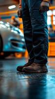 Dedicated Mechanic's Sturdy Work Boots in a Busy Workshop. Expertly Crafted Industrial Wear. Focused on Quality and Precision photo