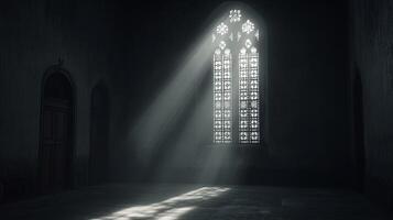 A Majestic Interior of a Historical Building Sunlight Illuminating a Stained Glass Window in a Dark Room photo