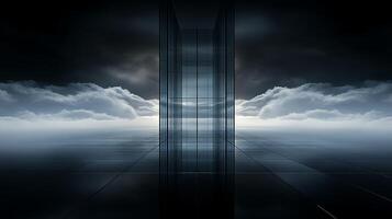 A Majestic Skyscraper Piercing the Gloomy Sky A Stunning Architectural Masterpiece photo