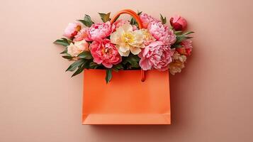 A Delicate Arrangement of Peonies in an Orange Paper Bag A Celebration of Springtime Beauty photo