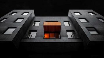 Modern Concrete Apartment Building at Night with Illuminated Balcony Architectural Photography photo