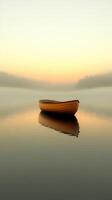 Serene Sunrise on a Misty Lake with a Wooden Boat A Peaceful and Tranquil Landscape Painting photo