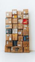 A Towering Pile of Cardboard Boxes A Visual Representation of Business Logistics and Commerce photo