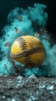 Willian ayellowsoftballisseenflyingthroughtheairs ec b bec ec dc ec e f a topaz enhance w creative digital vibrant composition modern design photo