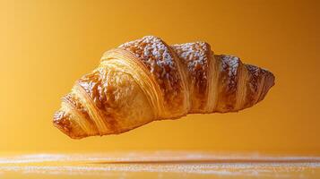 A Delectable Croissant, Golden and Crispy, Floating in the Air. A Perfect Breakfast Treat, Baked to Perfection, with a Touch of Powdered Sugar photo