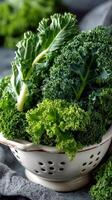 Vibrant Kale and Broccoli Bounty A Fresh, Healthy, and Nutritious Food Display. Delicious and Healthy Vegetables in a Vintage Colander. Perfect for a Healthy Diet and Cooking Inspiration. photo