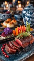 A Culinary Masterpiece Exquisite Slices of Roasted Meat, Accompanied by Vibrant Vegetables and Exquisite Garnishes photo
