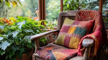 Rustic Autumnal Comfort A Cozy Corner with Vibrant Plaid Throw and Chair photo