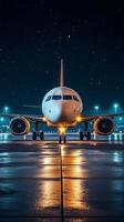 Majestic Airplane on Runway at Night Under Starry Sky A Stunning Aerial View of a Modern Passenger Jet at Night photo