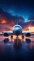 Majestic Airplane on Runway at Night Sky with Stunning Reflection A Breathtaking Aerial Transport Scene photo