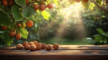 A Bountiful Harvest of Walnuts on a Rustic Wooden Table, bathed in golden sunlight, showcasing the natural beauty of the outdoors. A perfect blend of nature and healthy nourishment. photo