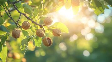 Sun Kissed Walnuts on a Lush Green Tree A Bountiful Harvest in Nature's Embrace. A Scenic View of Walnuts Hanging on Branches with Sunlight and Green Leaves. An Exquisite Display of Nature's Bounty. photo