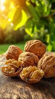 of Fresh Walnuts on Rustic Wooden Table in Natural Sunlight. A Nutritious and Delicious Treat. Perfect for Healthy Eating and a Delicious Snack. photo