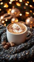 Coffee with nuts and christmas lights photo
