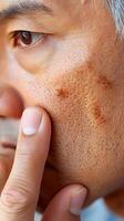 Detailed View of Man's Face Showing Skin Texture, Pores, and Brown Spots. A Detailed Look at Skin Health and Potential Issues. Medical and Dermatological Image. photo