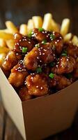 Chicken nuggets and french fries in a paper box photo