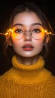 A woman with glasses and yellow sweater photo