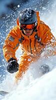 A person riding a snowboard down a snow covered slope photo