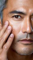 A man with gray hair and a beard is touching his face photo